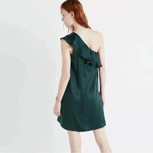 NWT Madewell One Shoulder 100%Silk Holiday Dress Polka Dot Green Size 8-C13